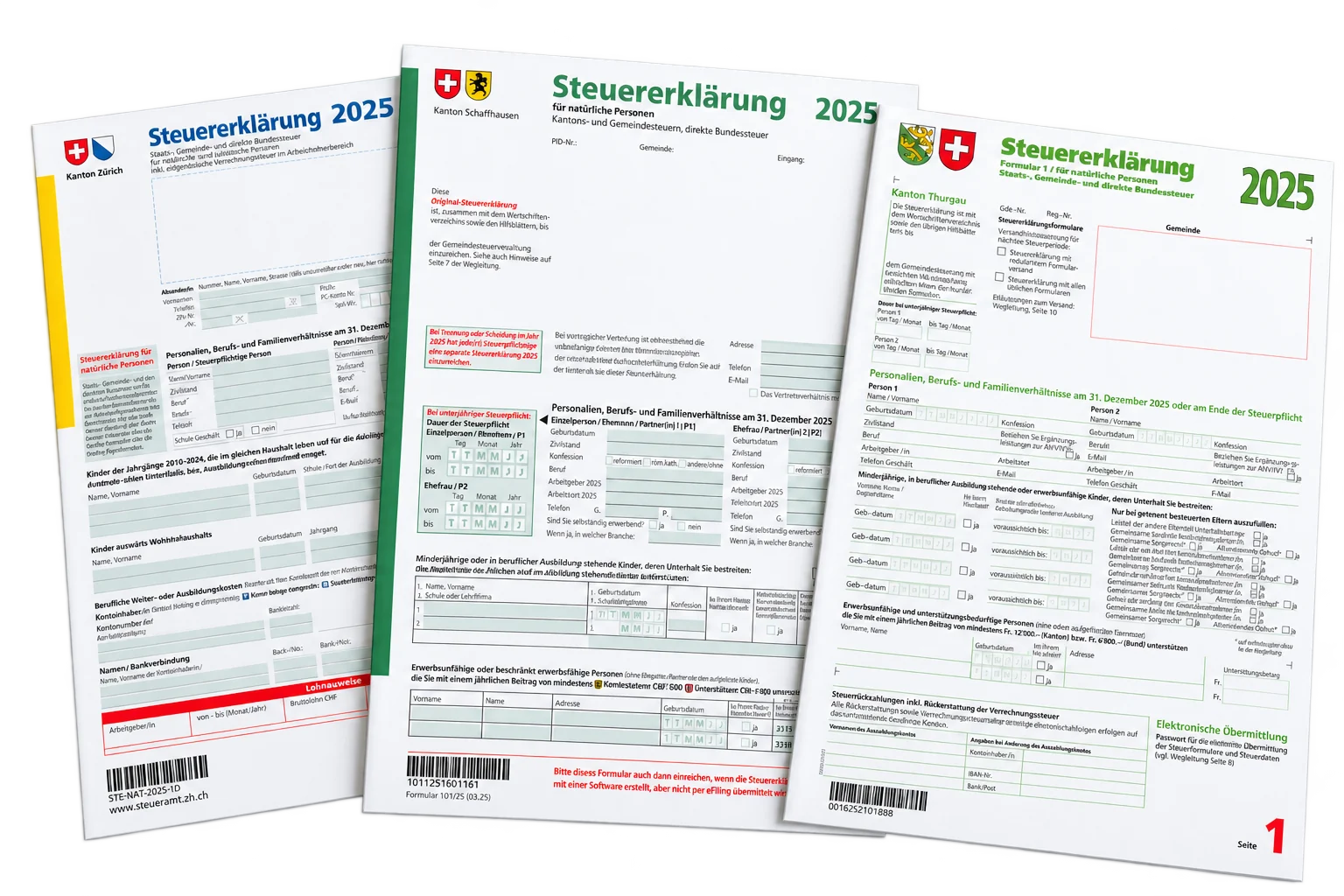Steuererklärungen der Kantone Zürich, Schaffhausen und Thurgau